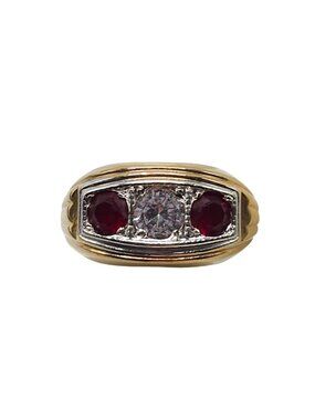 18K Gold Electroplate Ring Synthetic White Spinel Ruby Stones Mens Vintage 9